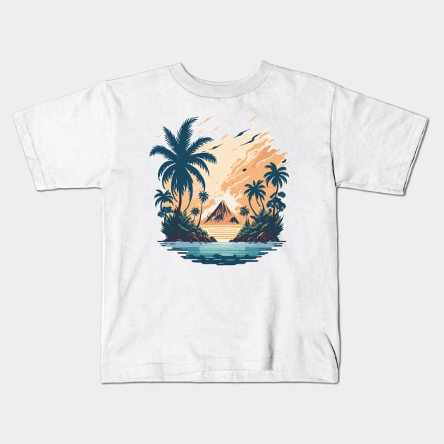 Tropical island with palm trees and sea. Kids T-Shirt by webbygfx